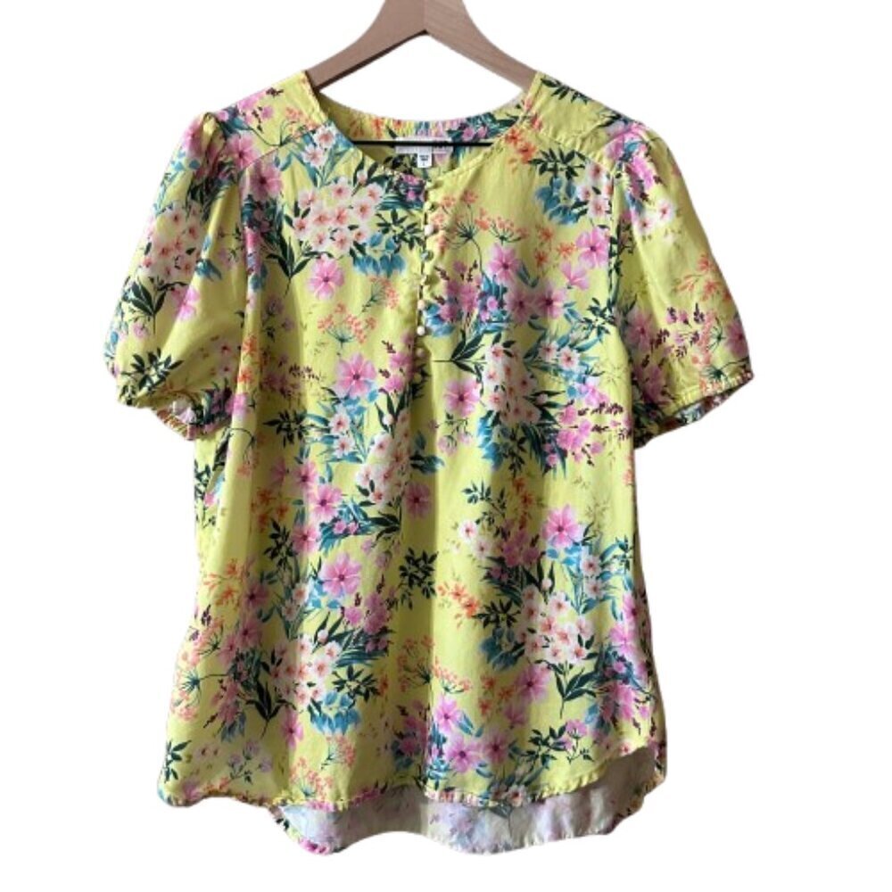 Women's L Kut from the Kloth Yellow Pink Floral Blouse Short Sleeve Spring